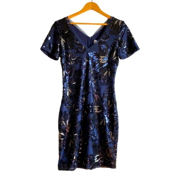 Badgley Mischka Sequin Dress Size 2 Blue Floral - Picture 2 of 15
